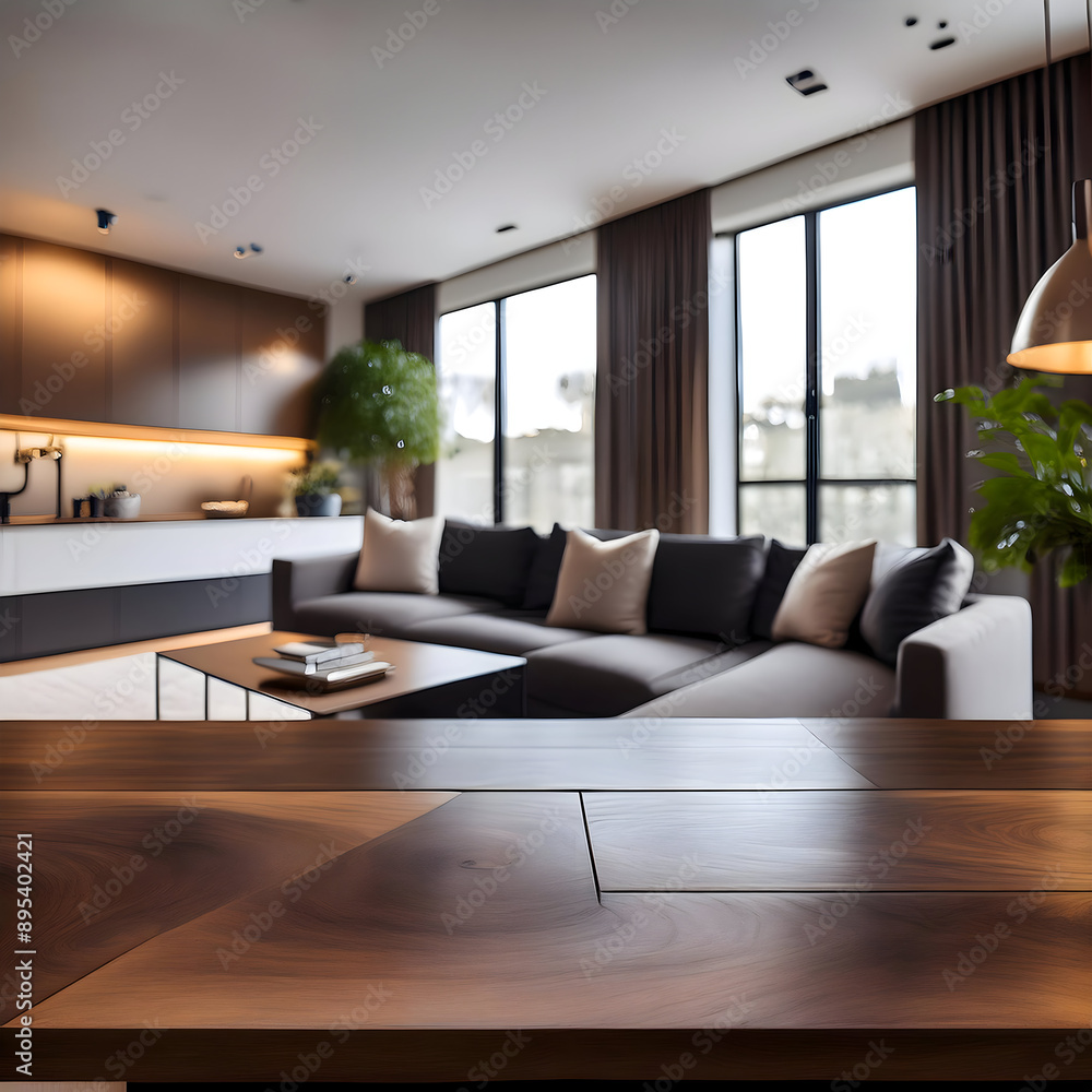 Fototapeta premium modern living room.a modern living interior featuring a dark wood table with a blurred modern apartment living room in the background. Highlight the sleek and contemporary design.