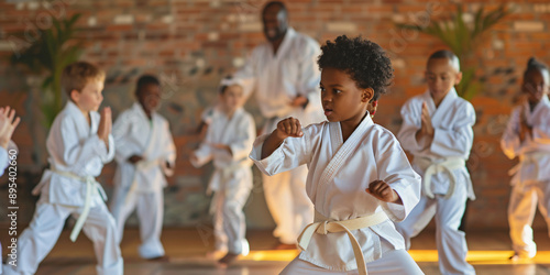 Group of african kids in karate training class, wearing white uniforms and practicing karate moves.
