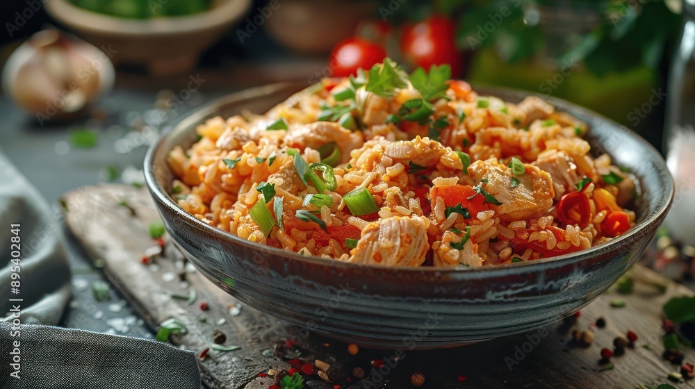 a bowl of rice with meat and vegetables on a table a bowl of rice with meat and vegetables on a table
