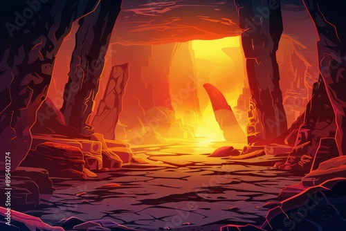 Mysterious cavern with glowing lava and ancient ruins photo