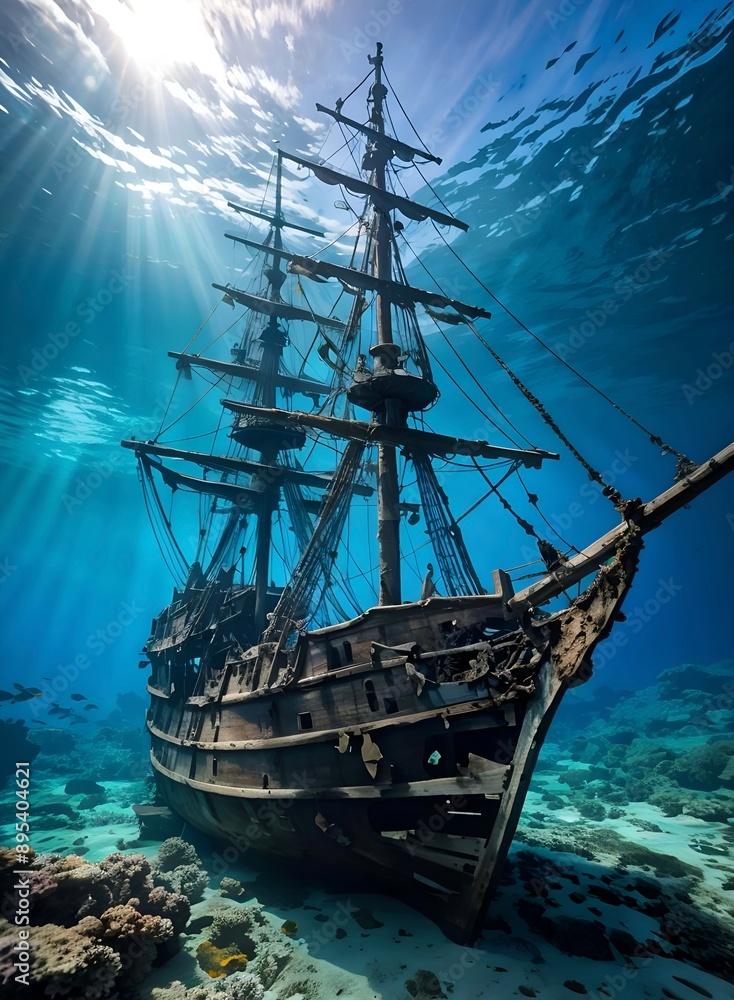 Sunken pirate ship bathed in soft sunlight through cerulean waters Sunken pirate ship bathed in soft sunlight through cerulean waters