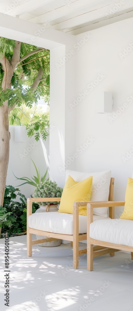Fototapeta premium A white house with a porch and two yellow chairs