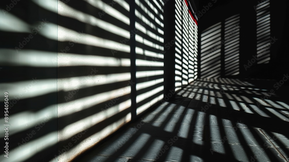 Naklejka premium Sunlit stripes casting shadows on a wall, creating a dramatic and geometric pattern in a minimalist setting.