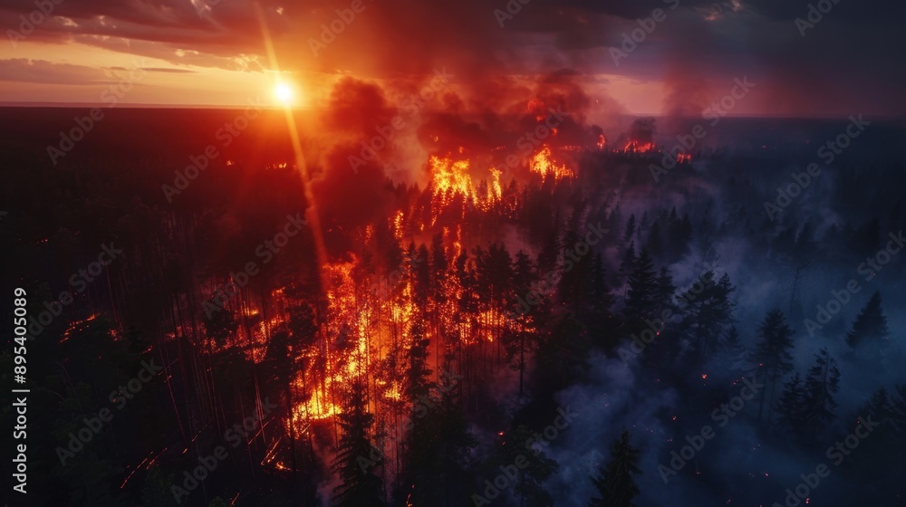 A dramatic forest fire engulfs trees at sunset, with thick smoke rising against a vivid red and orange sky. A dramatic forest fire engulfs trees at sunset, with thick smoke rising against a vivid red and orange sky.