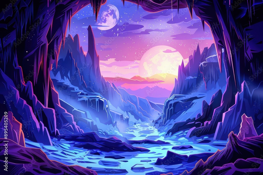 Fototapeta premium Mystical landscape with glowing moon and river flowing through icy mountains