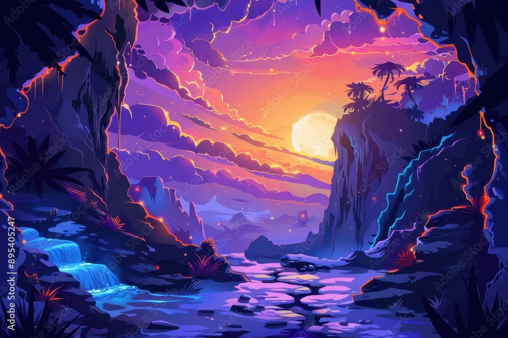 Fototapeta premium Mystical moonlit jungle landscape with waterfalls and ruins