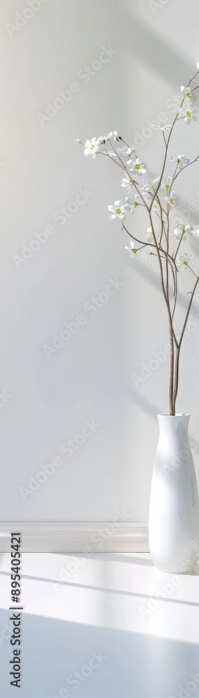 A white vase with a white flower in it sits on a white floor A white vase with a white flower in it sits on a white floor