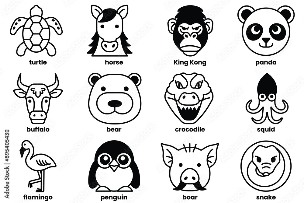Set of various animal icons in line style Set of various animal icons in line style