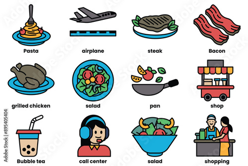 Set of food delivery icons in line style