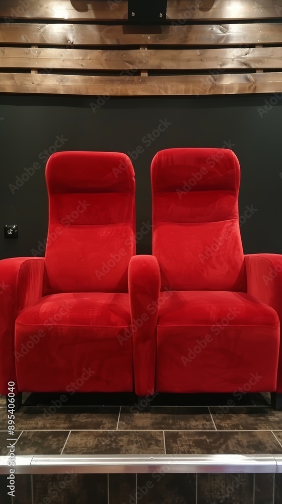 Obraz premium Cozy Red Velvet Theater Seats in Modern Home Cinema with Wooden Accents and Dark Walls