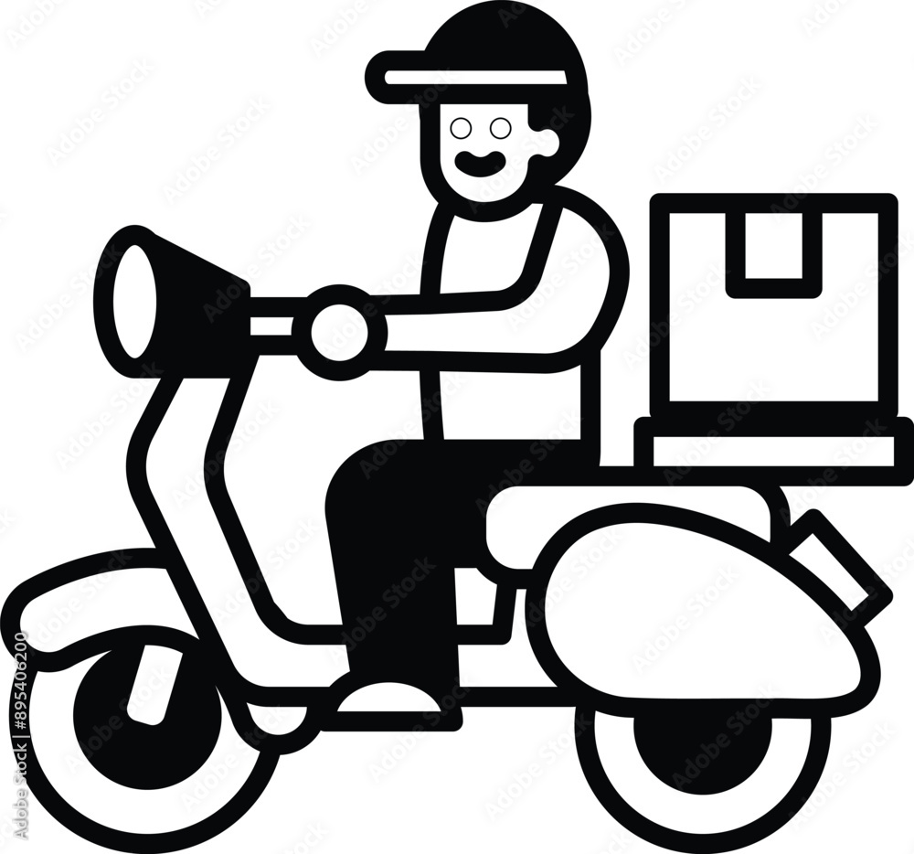 Delivery man riding a scooter in line icon style Delivery man riding a scooter in line icon style