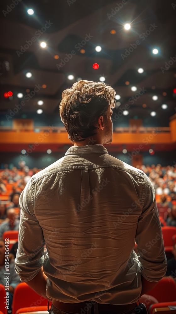 Speaker Addressing Audience in Modern Auditorium with Bright Lights and Engaged Crowd Speaker Addressing Audience in Modern Auditorium with Bright Lights and Engaged Crowd