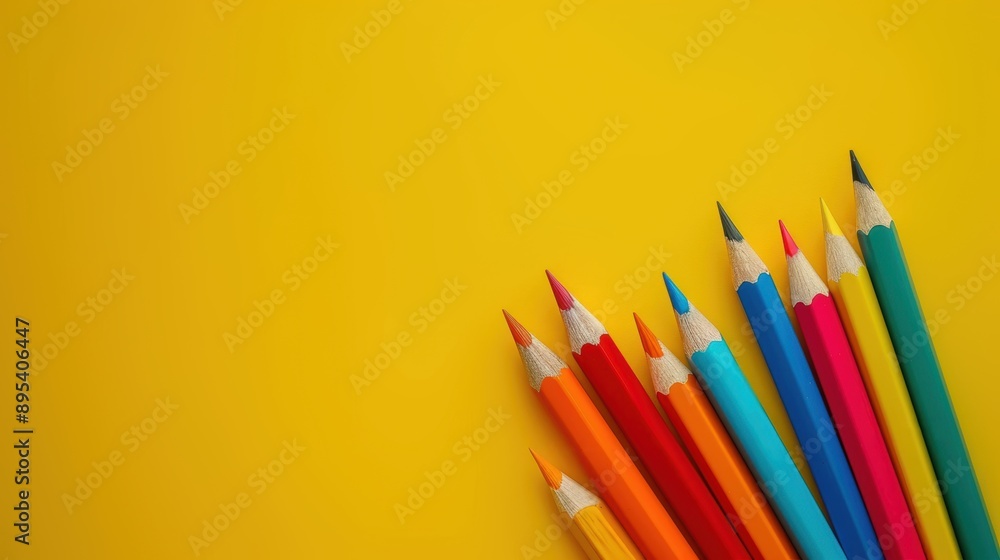 A set of colorful pencils arranged on a bright yellow background, creating a cheerful and creative scene. A set of colorful pencils arranged on a bright yellow background, creating a cheerful and creative scene.