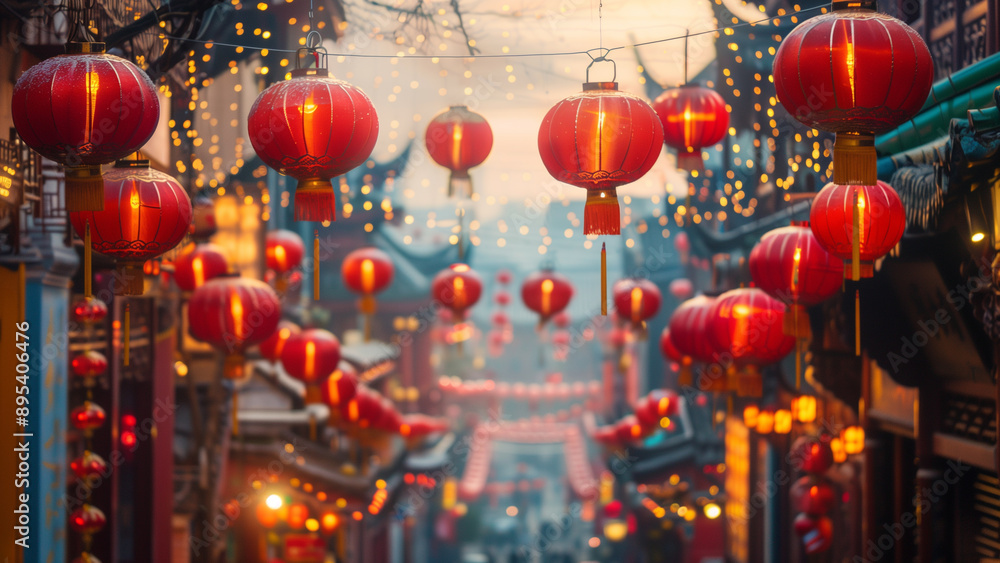 Chinese festive street adorned with vibrant red lanterns Chinese festive street adorned with vibrant red lanterns