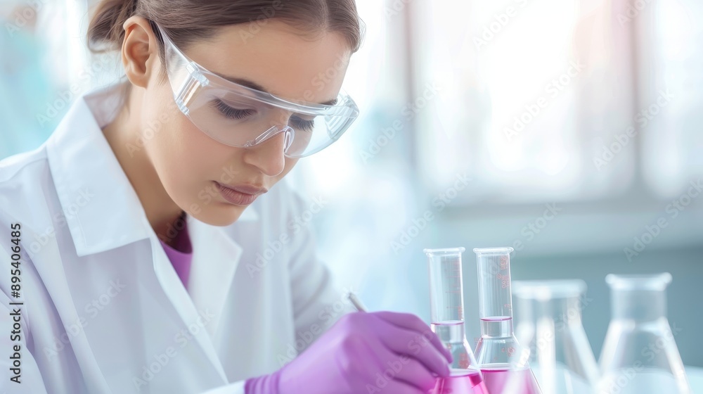A woman in a lab coat is writing in a lab with various beakers and test tubes A woman in a lab coat is writing in a lab with various beakers and test tubes