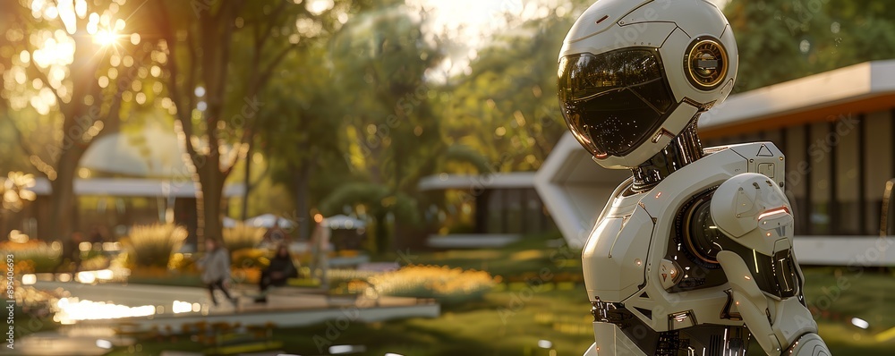 Fototapeta premium Futuristic Robot in a Modern Park Setting with Sunlight Filtering Through Trees