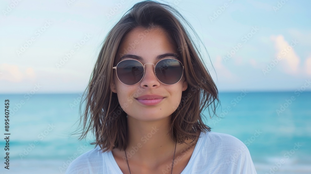 A woman with short hair and sunglasses is smiling at the camera A woman with short hair and sunglasses is smiling at the camera
