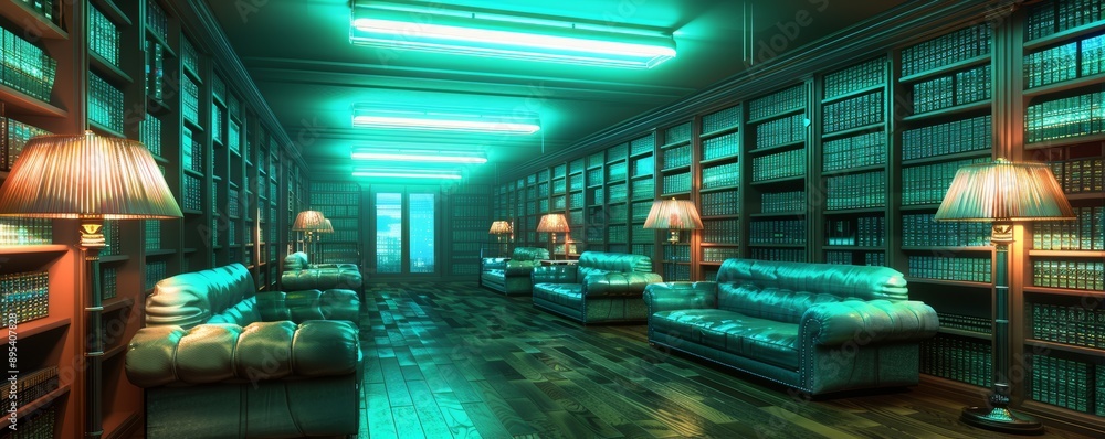 Cozy Modern Library with Leather Sofas and Neon Lighting, Shelves Filled with Books, Warm and Inviting Atmosphere Cozy Modern Library with Leather Sofas and Neon Lighting, Shelves Filled with Books, Warm and Inviting Atmosphere