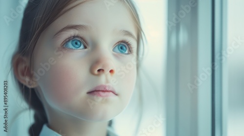 A young girl with blue eyes looking out a window