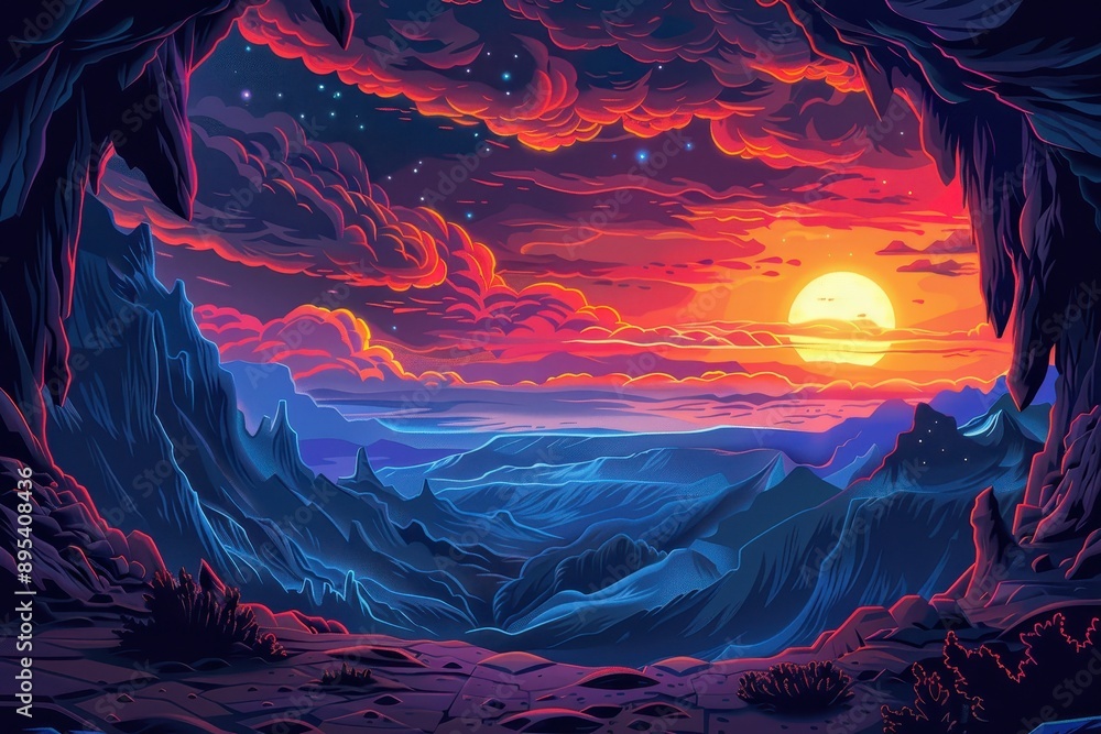 Cave Entrance Overlooking a Canyon at Sunset Cave Entrance Overlooking a Canyon at Sunset
