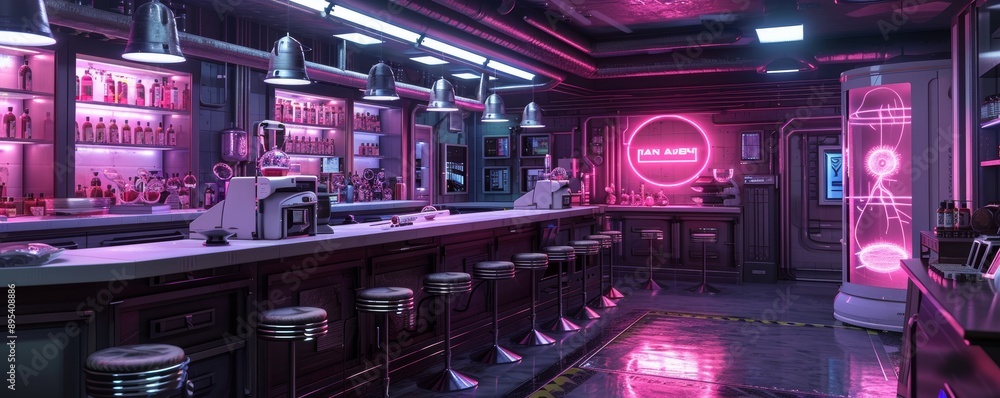 Fototapeta premium Futuristic Neon-Lit Bar Interior with High-Tech Equipment and Modern Design Elements