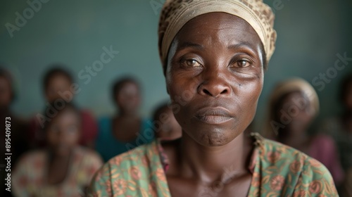 A woman with a green dress and a head scarf is looking at the camera
