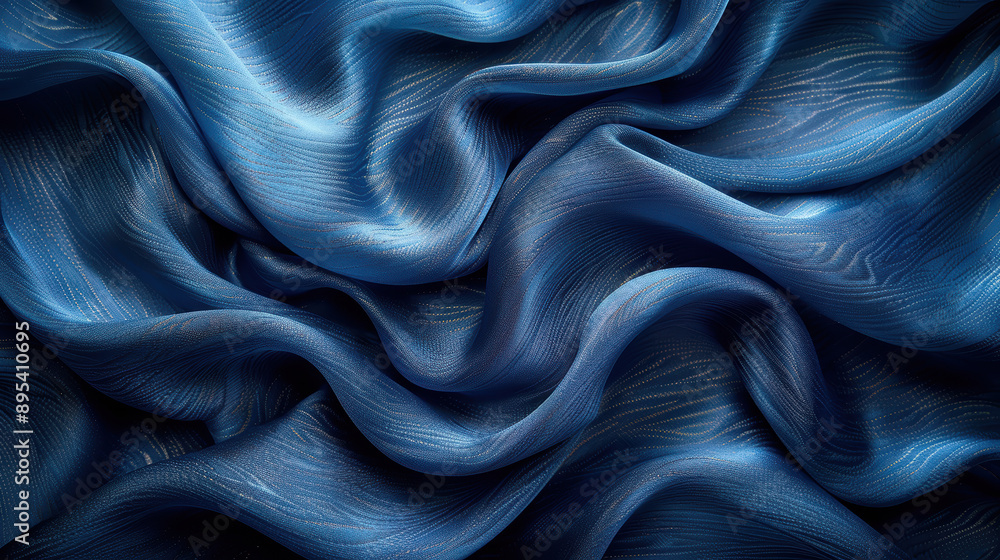 Obraz premium A blue fabric with a wave pattern. The fabric is flowing and has a sense of movement