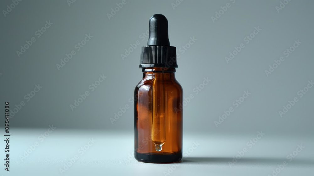A bottle of essential oil with a black cap. The bottle is brown and has a clear liquid inside A bottle of essential oil with a black cap. The bottle is brown and has a clear liquid inside