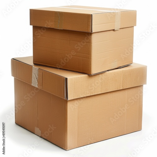 Stack of Two Brown Cardboard Boxes Isolated on White Background for Shipping and Storage photo