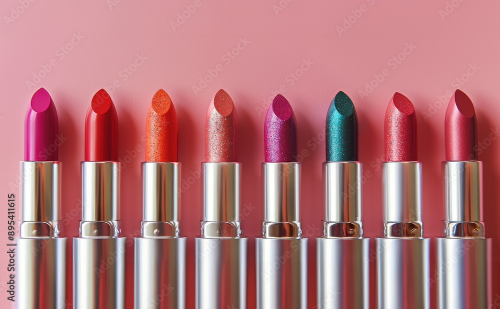 A row of colorful lipsticks are lined up on a pink background. The lipsticks are of different colors and shades, creating a vibrant and eye-catching display. Concept of variety and choice A row of colorful lipsticks are lined up on a pink background. The lipsticks are of different colors and shades, creating a vibrant and eye-catching display. Concept of variety and choice