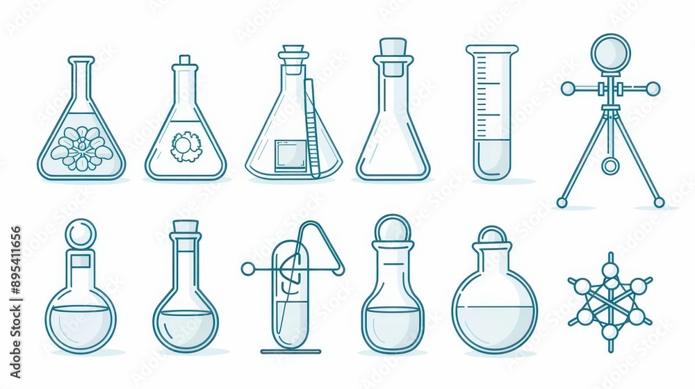 A set of scientific glassware, including beakers, flasks, and test tubes A set of scientific glassware, including beakers, flasks, and test tubes