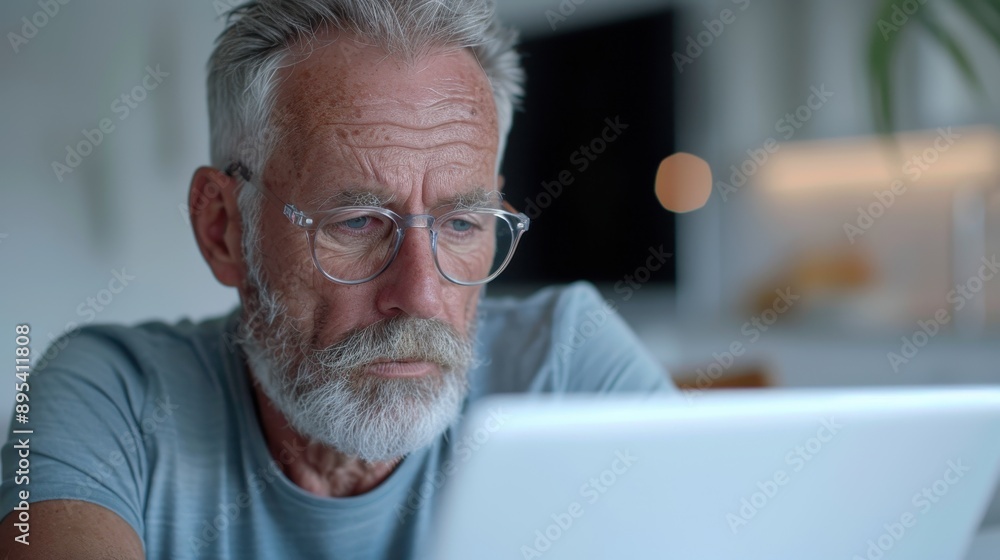 An older man with glasses is looking at a laptop computer An older man with glasses is looking at a laptop computer