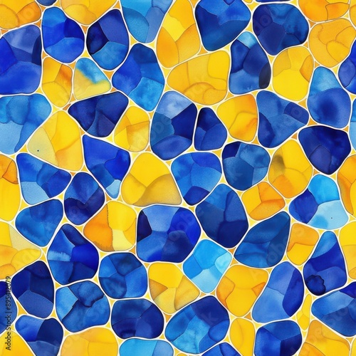 Watercolor royal blue and bright yellow tessellation seamless repeating pattern, minimal pattern, high contrasty 
