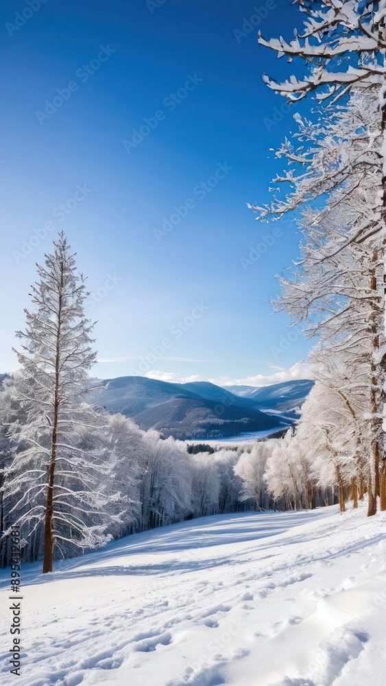 Fototapeta premium snowy trees and snow covered ground with a blue sky in the background
