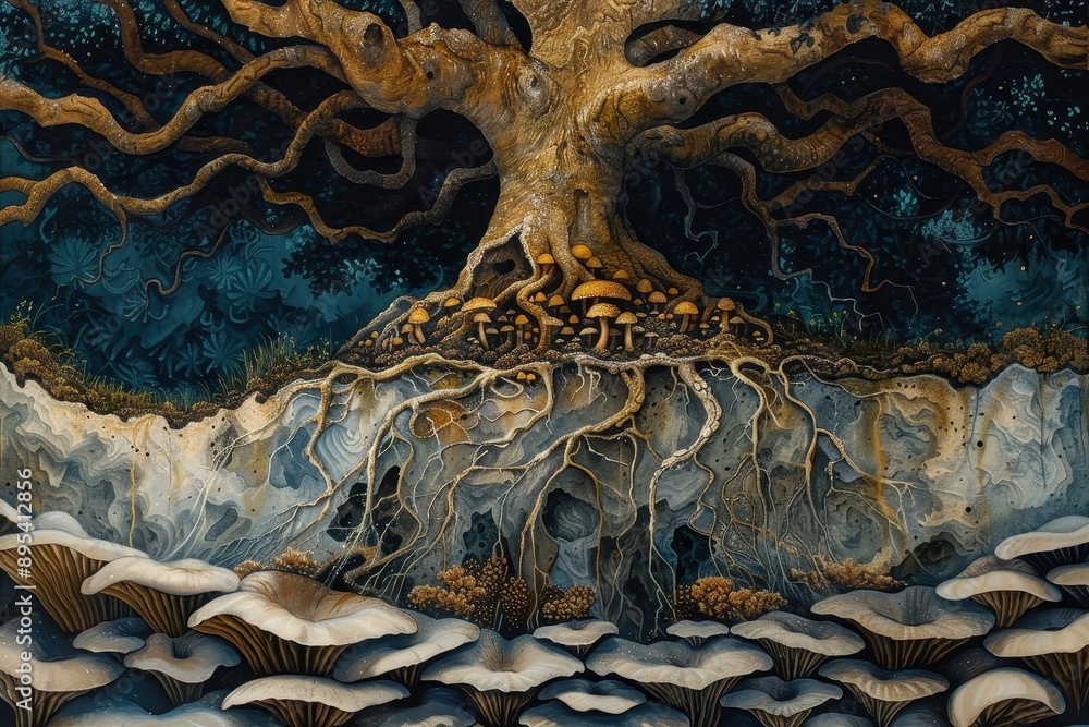 Tree roots intertwined with mycelium, showcasing a symbiotic ...