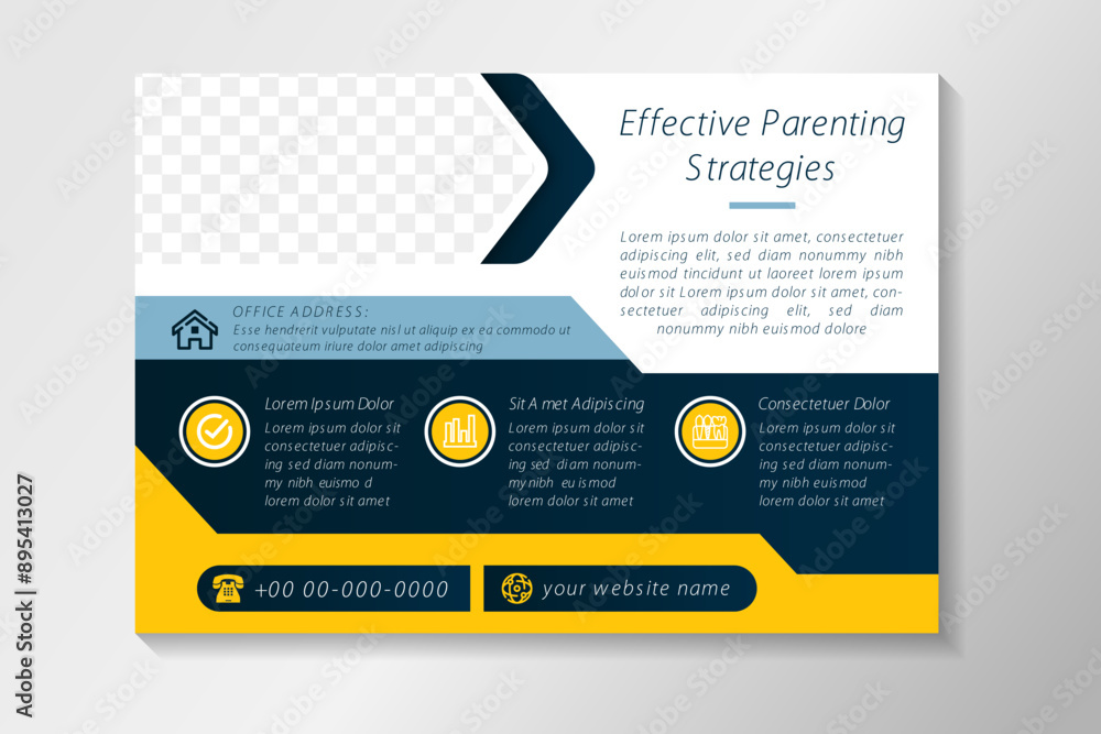 effective parenting strategies flyer, baby sitter brochure, day care poster template design suitable for cover or design. space for photo collage. horizontal layout, geometric shape with infographic. effective parenting strategies flyer, baby sitter brochure, day care poster template design suitable for cover or design. space for photo collage. horizontal layout, geometric shape with infographic.