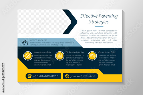 effective parenting strategies flyer, baby sitter brochure, day care poster template design suitable for cover or design. space for photo collage. horizontal layout, geometric shape with infographic.