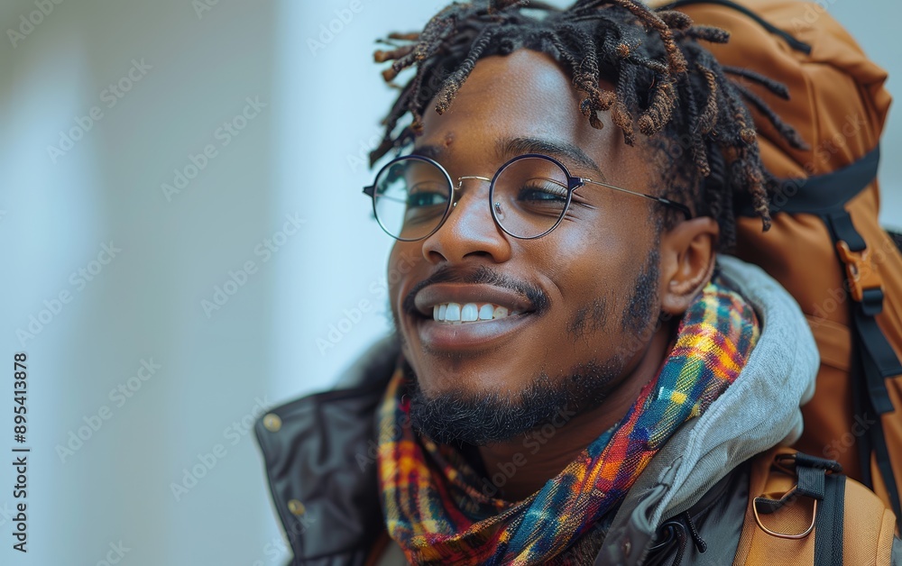 Young Traveler with Backpack Smiling Outdoors in Casual Attire and Glasses Young Traveler with Backpack Smiling Outdoors in Casual Attire and Glasses