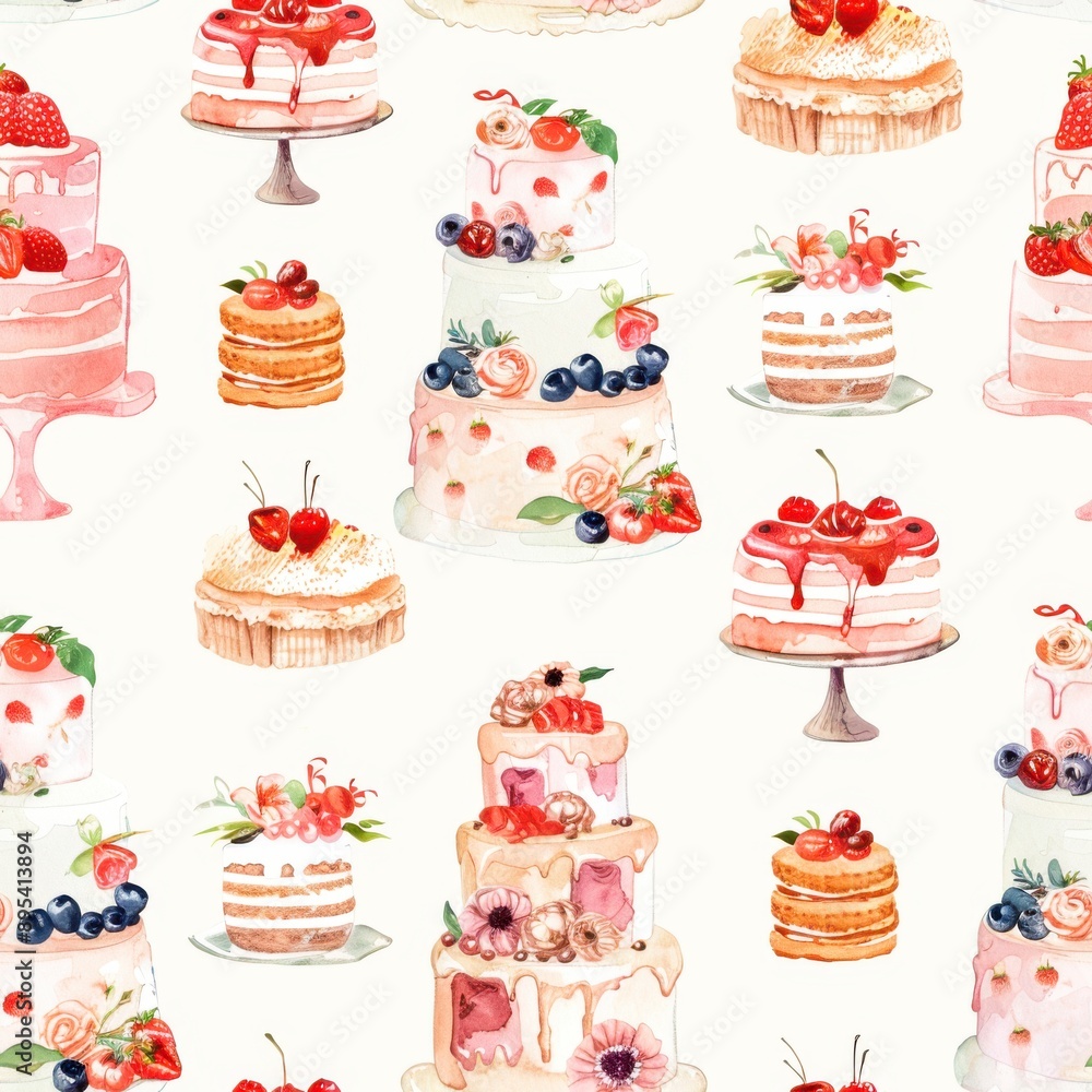 Watercolor wedding cakes seamless repeating pattern, minimal pattern, high contrasty Watercolor wedding cakes seamless repeating pattern, minimal pattern, high contrasty