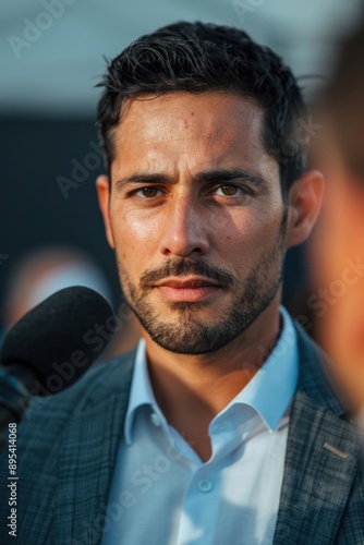 Close-up of a candidate being interviewed by reporters outdoors, professional yet casual setting, natural lighting, Portrait close-up, hyper-realistic, high detail, photorealistic, studio lighting,