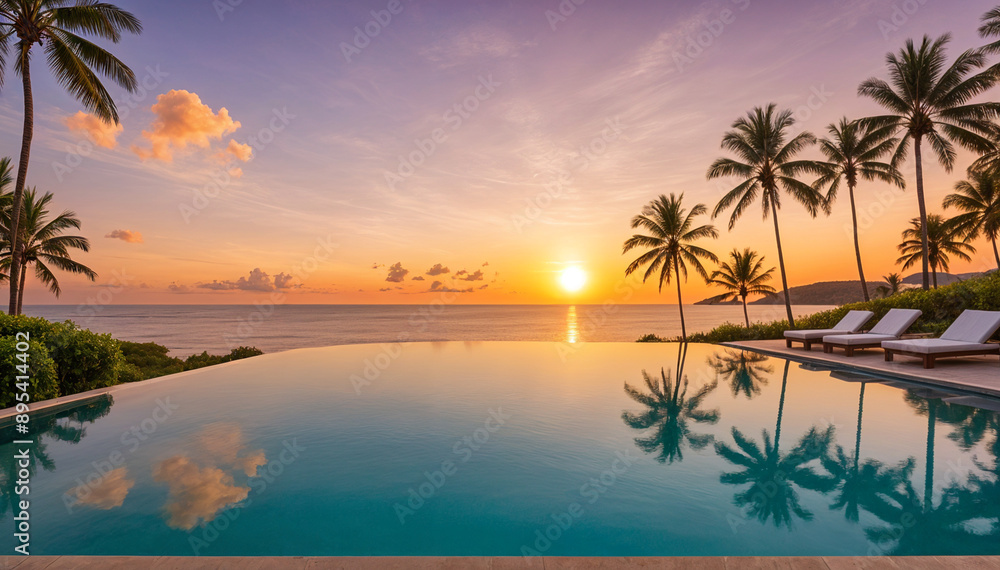 a sunset view of a pool with palm trees and a sunset in the background. a sunset view of a pool with palm trees and a sunset in the background.
