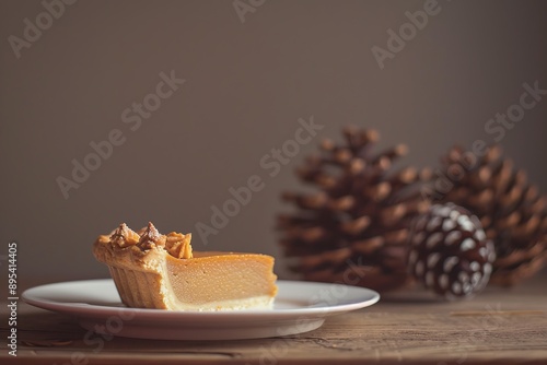 Elegant Thanksgiving illustration featuring a slice of pie, fall leaves on a colorful background. Thanksgiving day celebration concept.

