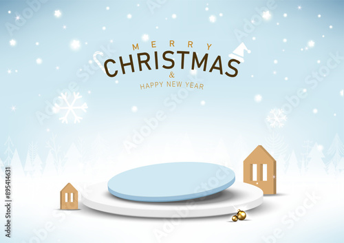Blue circle tilted base on white pedestal for product display decorative with house toy shape, Christmas balls on blue landscape winter scene background. Vector illustration.
