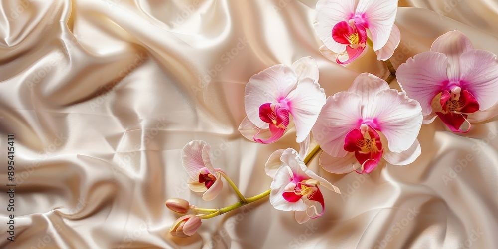 Orchids on a textured silk background, luxurious and refined, Flora, Elegant Sophistication, copy space for text, focus cover all object, deep dept of filed Orchids on a textured silk background, luxurious and refined, Flora, Elegant Sophistication, copy space for text, focus cover all object, deep dept of filed
