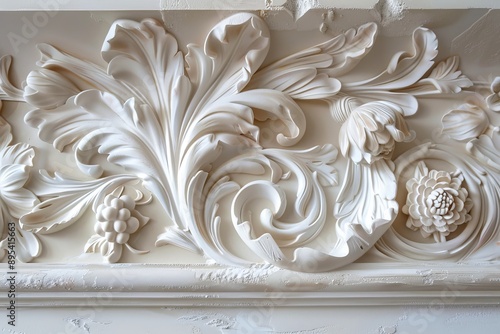 Decorative stucco molding made of white clay with an ornament on the wall or ceiling.