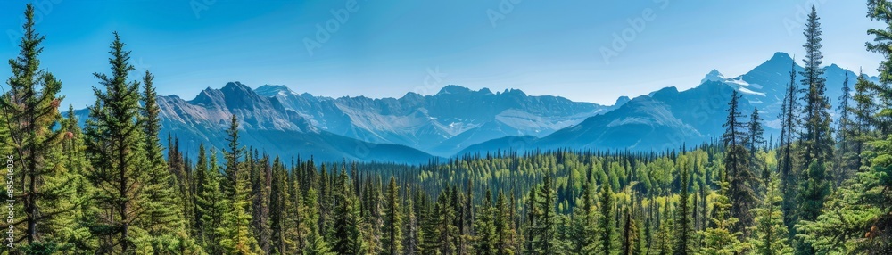 Fototapeta premium Pine forest with rocky peaks in the distance, clear blue sky, crisp air, Environment, Mountain Air, copy space for text, focus cover all object, deep dept of filed