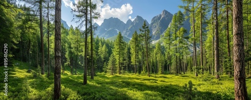 Obraz na płótnie Ancient woods with rugged peaks rising in the background, mysterious and serene, Environment, Timeless Wilderness, copy space for text, focus cover all object, deep dept of filed w salonie