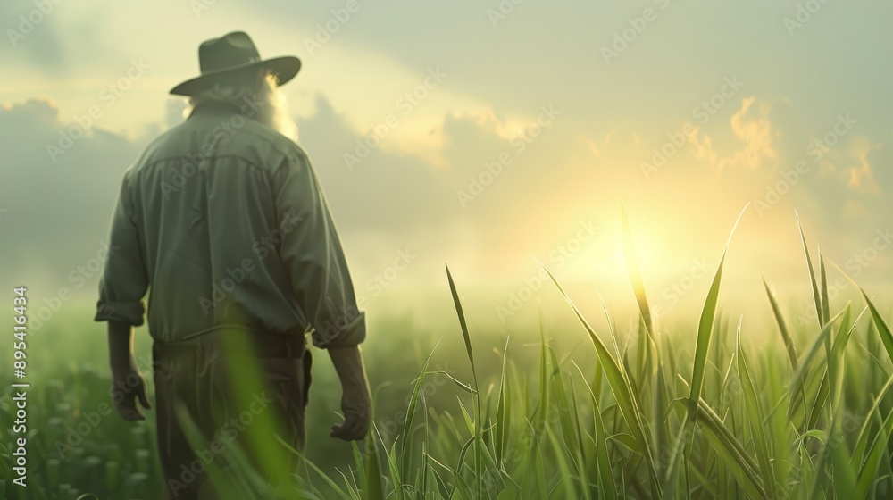 A man in a hat is walking through a field of tall grass A man in a hat is walking through a field of tall grass