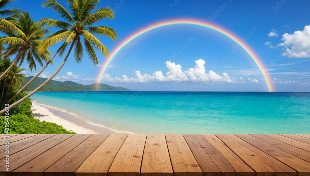 a deck with a rainbow in the sky and palm trees a deck with a rainbow in the sky and palm trees