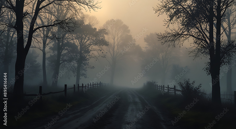 Fototapeta premium A mysterious illustration of a foggy morning with dense fog, silhouettes of trees, and a quiet path, with space for text